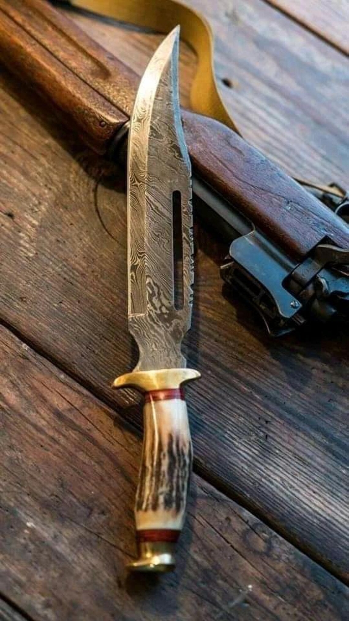 Damascus Steel Vintage Bowie Knife – 13" with Brass Guard & Stag Horn Handle, Comes with Leather Sheath