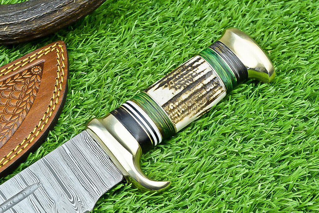 Deluxe Dundee Knife – 16" Handmade Damascus Steel Blade with Brass Guard & Pakkawood or Stag Horn Handle + Leather Sheath