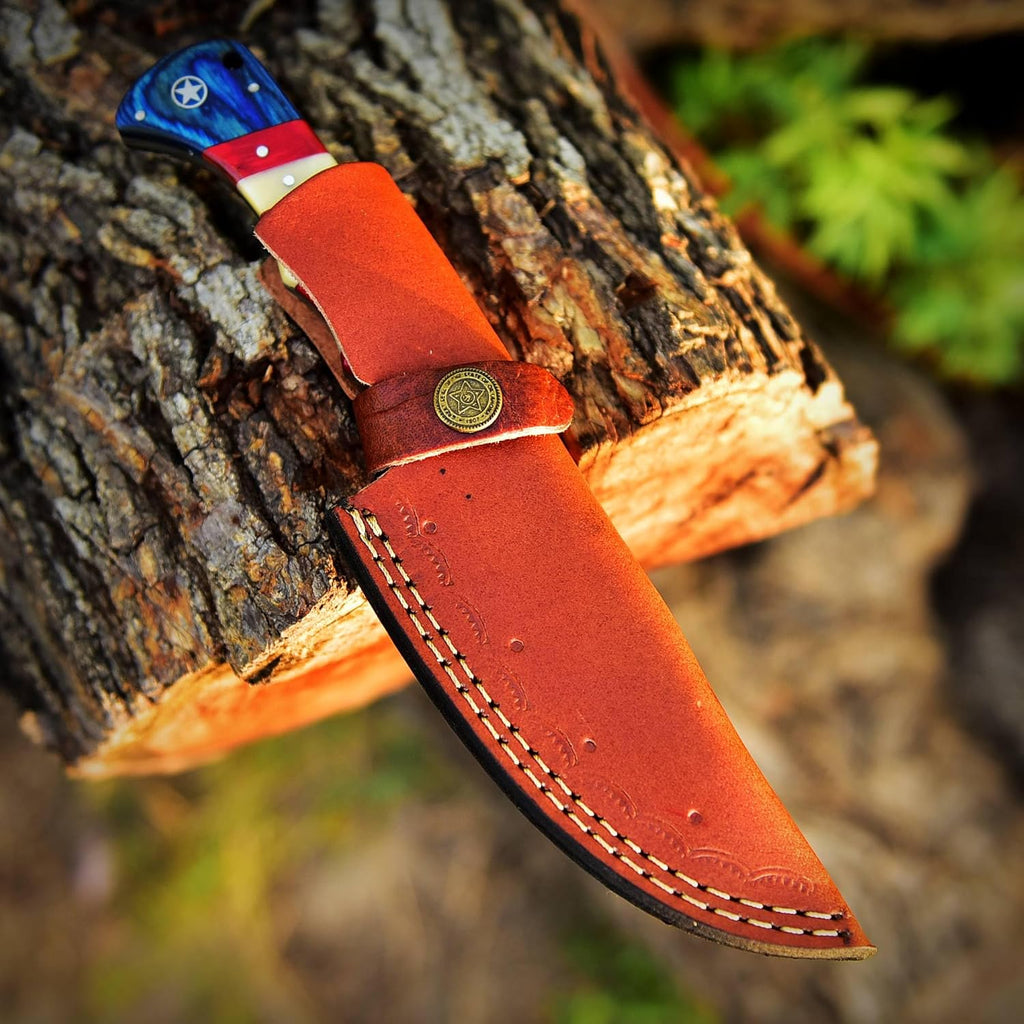 Custom Handmade Damascus Skinning Knife with American Flag Handle