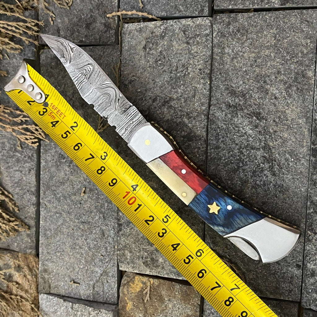 Damascus Steel Pocket Knife with Texas Flag Handle – 3" Blade, Leather Sheath